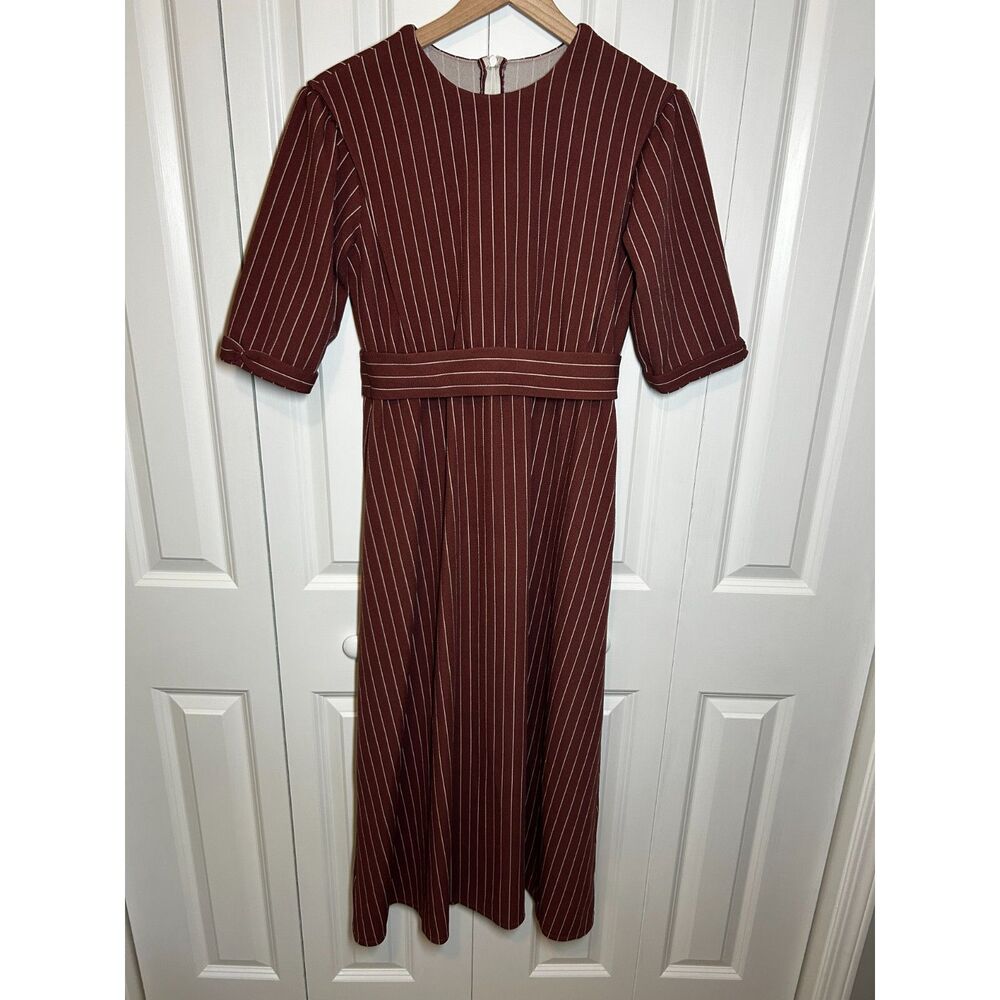 Vintage Style Burgundy Pinstripe Short Sleeve Midi Dress